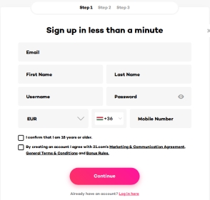 21.com Kaszino registracio - Első lépés